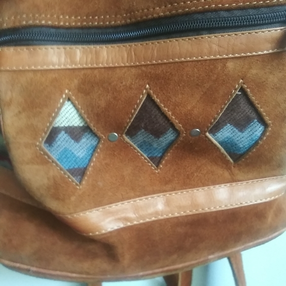 Southwestern Backpack Brown Leather Suede Aztec Fabric Drawstring Bucket Bag - Picture 5 of 7